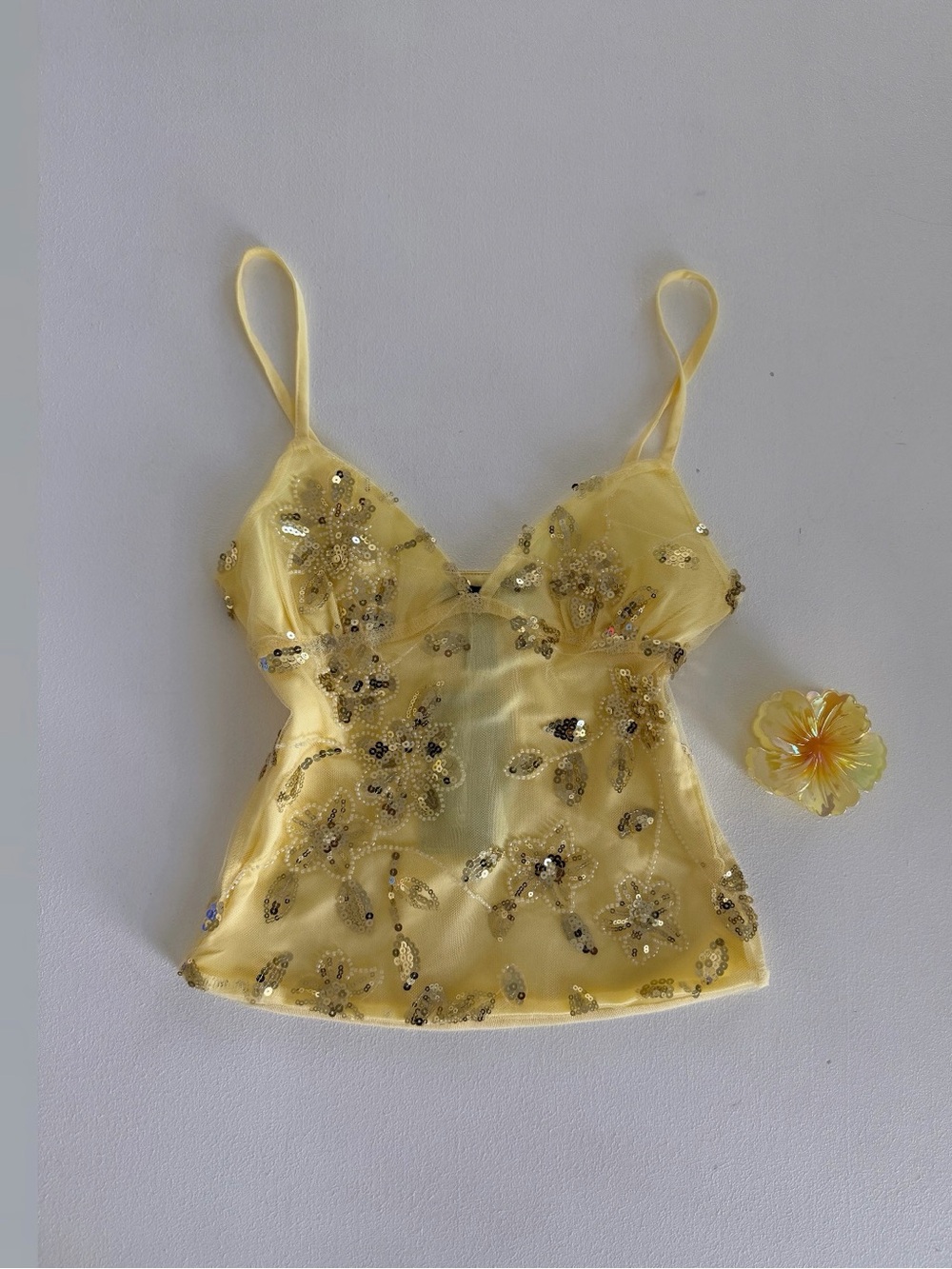 Yellow Sequin Floral Cami with Adjustable Straps